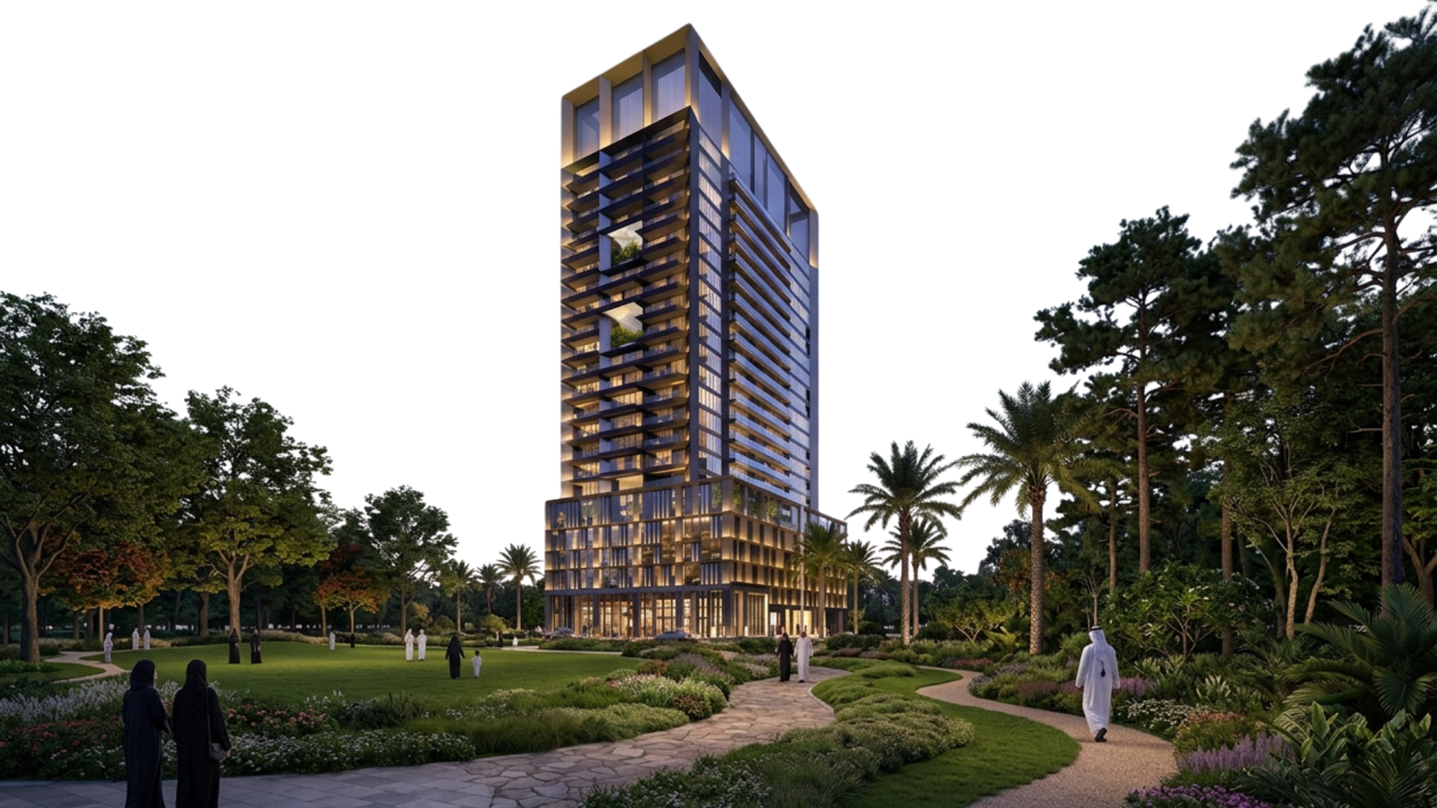 Seven x Seven Residences facade set within a landscaped Meydan Horizon arrival