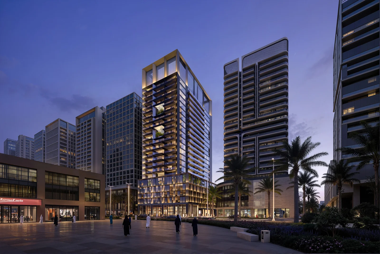 Seven x Seven Residences illuminated facade at evening