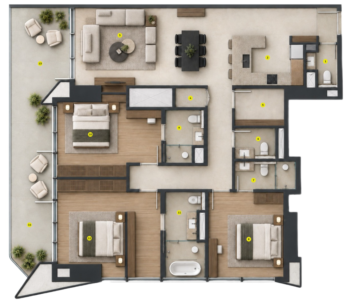 Rendered 3 bedroom residence floor plan